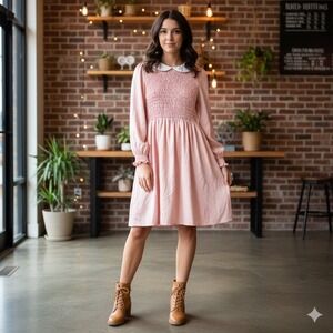 Clarisbelle Pink Smocked Collared Dress Long Sleeve Women's Size L